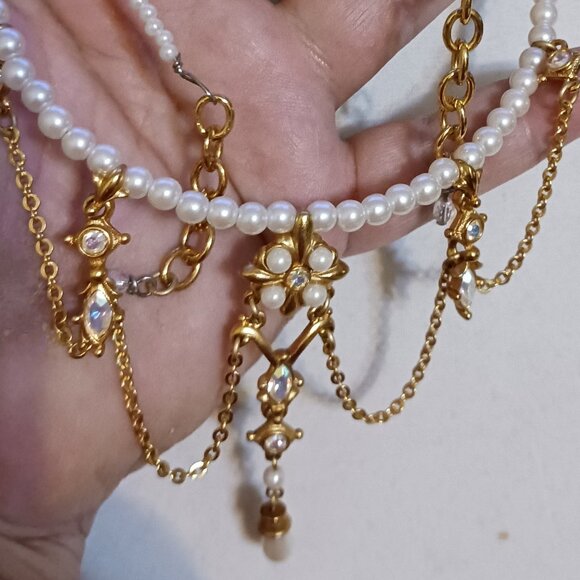 Handmade Vintage Faux Pearl Choker Necklace Gold Dangle Rhinestone Adjustable - Picture 7 of 10
